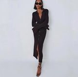 LongSleeve Bodycon Knitted Maxi Sweater Long Dress Lady Elegant Female Turn Down Collar Midi Split Slim Dresses