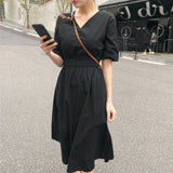 Korean Linen Midi Party Dress Summer V Neck Short Sleeve Elegant Pink Casual Women'S Dresses Clothing