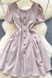 Vintage Square Collar Single Breasted Mini Dress Women Elegant Short Sleeve High Waist Ruffle Patchwork Casual