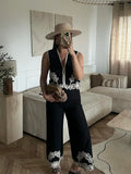 Women Embroidery High Waist Wide Leg Pant Set Fashion V Neck Sleeveless Single Breasted Vest Suits 2024 New Lady Street