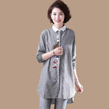 Striped Cotton Long-Sleeved Ladies' Shirt Korean Version Loose Shirt Embroidered Large Size Medium-Length