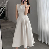New Spring Summer O Neck Solid Color Sleeveless Chic Dress For Women's French Waist Show Thin Temperament Goddess Fan
