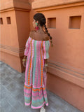 Patchwork Half Sleeved Women Maxi Dress Casual Beach Holiday Square Collar Ruffles Loose Dress Female Bohemian Mujer