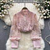 Zingj Retro Style Advanced Bubble Sleeve Shirt Autumn Net Embroidery Design Light Extravagant Socialite Temperament