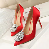 Zingj Korean Version Of Water Diamond Women's Shoes Thin Heel High Heel Sexy Show Thin Shallow Mouth Pointed Shiny Water Diamond With Buckle Single