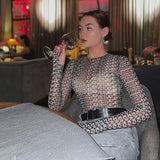 Printed Chaochao Brand Mesh Spicy Girls' Conjoined Clothes Are Sexually Transparent Long-Sleeved Tight Fashionable Women's