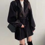 Blends Women Winter Thick Cotton Medium Long Woolen Coats Chic Lantern Sleeve Elegant Sashes Slim Solid OL Stylish