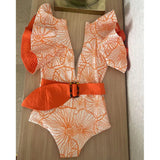 Deep V-neck Ruffle Swimsuit with Belt Push Up One Piece Swimsuit Beach Wear Backless Monokini Beach Wear Swim