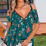 Neck Short Sleeve Top Summer Sexy Women Printed Hollow Out T Shirt Fashion Loose Off Shoulder Casual Plus Size Shirts