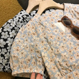 New Women's Summer V Neck Short Sleeve A Line High Waist Fashion All Over Floral Printed Puff Sleeve Belted Smock