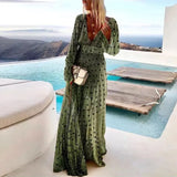 Polka Dot Print Deep V Neck Party Dress Women Fashion Shiny Long Sleeve Maxi Dress Ladies Casual Loose Big Hem Dresses 211-1-Outfit