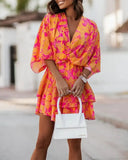 Zingj Wise Hot Style Autumn V-Collar Loose Bat Sleeve Print Dress Women's