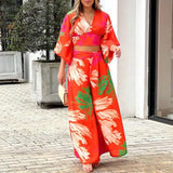 Women's V-Neck Lantern Sleeve Long Sleeve Short Top Broad Leg Trousers Fashion Suit Women's