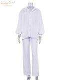 Causal Loose Home Suit Autumn Long Sleeve Blouse With High Wasit Pants Set Women Elegant Pleated Beige 2 Piece Pant
