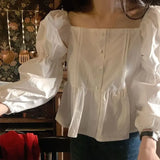 Women Solid Fashion French Style Tender Square Collar Simple Folds Design All-match Graceful Female Leisure Baggy