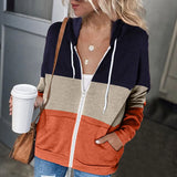 Sleeve Color Hooded Sweatshirt Women's Cotton Blend Zipper Pocket Cardigan