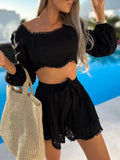 Puff Sleeve Top Lace-Up Shorts Suit Summer Elegant Solid Lace Split Suit Women Short Waist Top Loose Shorts