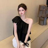 Blouses Women Solid Folds Skew Collar Crop Top Slim Thin Summer French Style Classic Gentle Design Sexy Mujer Ins