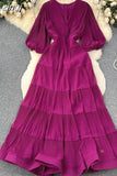 Vintage Women Pleated Long Dress Elegant V-Neck Puff Short Sleeve High Waist A-Line Ruffle Draped Big Swing Maxi Robe