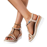 And Summer New Round Head Flat Bottom Heel Sandals Women Weaving Beads Toe Bohemian Thick-Soled Beach