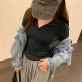 Color Slim Stretch Long-Sleeved T-Shirt A New Autumn Tight Blouse With A Thin Lapel And Bottomed