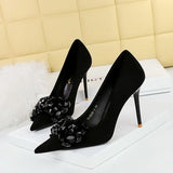 Zingj Korean Version Banquet High-Heeled Shoes Women Thin Heel Suede Shallow Mouth Pointed Gem Water Diamond Bow Single
