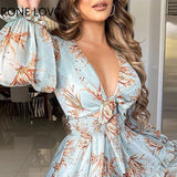Women Chic Deep V Neck All Over Print A Line Lantern Sleeves Ruffles Hem Sexy Vacation Chiffon