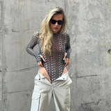 Printed Chaochao Brand Mesh Spicy Girls' Conjoined Clothes Are Sexually Transparent Long-Sleeved Tight Fashionable Women's
