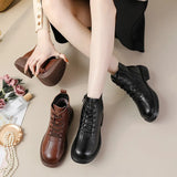 Zingj New Cowhide Middle Heel Soft-Soled Women's Short Boots Retro Leisure Leather Martin Boots Warm Women's Cotton