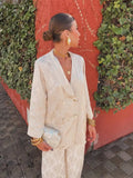 Women's Elegant Printed Pant Set Spring Fashion V Neck Long Sleeve Coat Loose High Waist Trousers Sets Fashion Chic Ladies