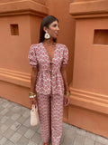 Women's Retro Printed Pants Suit Summer V-neck Lace Up Short Sleeve Shirts Elastic Waist Pant Set Female Fashion High