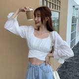 Chic Long Sleeve Women's Shirt Short Slim Slash-neck Fashion Top Female Streetwear Women's Blouse Summer New