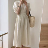 Korean Fashion Midi Dress Women Chic Elegant V-neck Cross Lace-up Solid Puff Sleeve Casual Dress Summer One Piece
