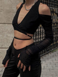 with Me Long Sleeve Cropped Corset Women crop Top 2022 Summer Sexy Cut Out casual party Club Black T-shirts for