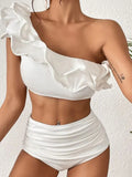 New Sexy High Waist Ruffles Bikini Sets Solid White Bandeau Swimwear Women Swimsuits Bathing Suit Brazilian