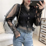 Women Lace blouse White V-neck Long sleeve Short Female shirt Single breasted RufflesSexy Tops Spring Black INKEO