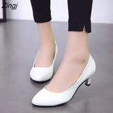 Women's Leather Med Heels New High Quality Shoes Classic Black&White Pumps for Office Ladies White High Heels Red Sexy