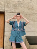2 Piece Sets Womens Outfits Summer Blazer Shorts Set Vintage Stringy Selvedge Blue Fashion Top And Short