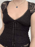 V Neck Tie Front Lace Blouse- Outfit