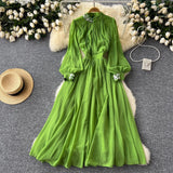 Light Ripe Wind Collar Pleated Lantern Long Sleeved Waist Dress Feminine French Large Pendulum Chiffon