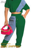 Workout Jean Patchwork Women Two 2 Piece Set Outfits Sweatsuit 2023 Summer Tee and Jogger Pants Matching Set