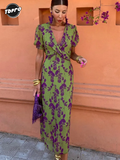 Cross Knot V-neck Printed Long Dresses For Women Chic Short Sleeved Bodycon Dresses 2024 Summer Female High Street