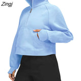 Women‣s Stand Collar Pullovers Long Sleeve Solid Color Half Zip Front Pocket Sweatshirts Spring Autumn Loose