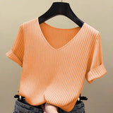 Zingj Summer Thin New Ice Silk Sweater Loose V-Collar Bottomed Black T-Shirt Short-Sleeved Women's Solid Color Ins