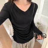 Slim, V-Collar, Straight Shoulder, Long-Sleeved T-Shirt, New Autumn Pleated Blouse, Solid Color Bottomed