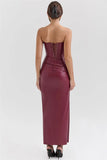 Burgundy Strapless PU Leather Maxi Dress- Outfit