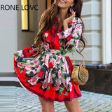 Women Chic All Over Print Floral Long Sleeves Folds Midi
