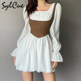 Contrast Color Slim Splicing Corset Versatile Commuter Fashion Square Neck Flared Sleeve Women's Pleated Skirt Zip