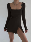 Black Knitted Ribbed Midi Dresses For Women V Neck Elegant Korean Clothes Long Sleeve Ruffles Bodycon Dresses