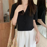 Women Cropped Short Sleeve Blouses Single Breasted Retro Notched Hong Kong Style Design Leisure Tops Female Daily